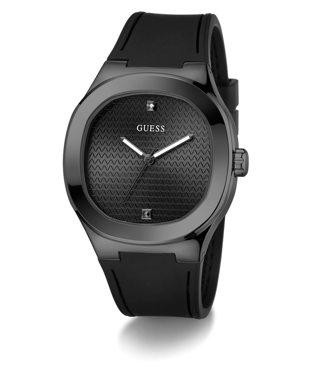 GUESS Mens BLACK Analog Watch with a textured face on a white background