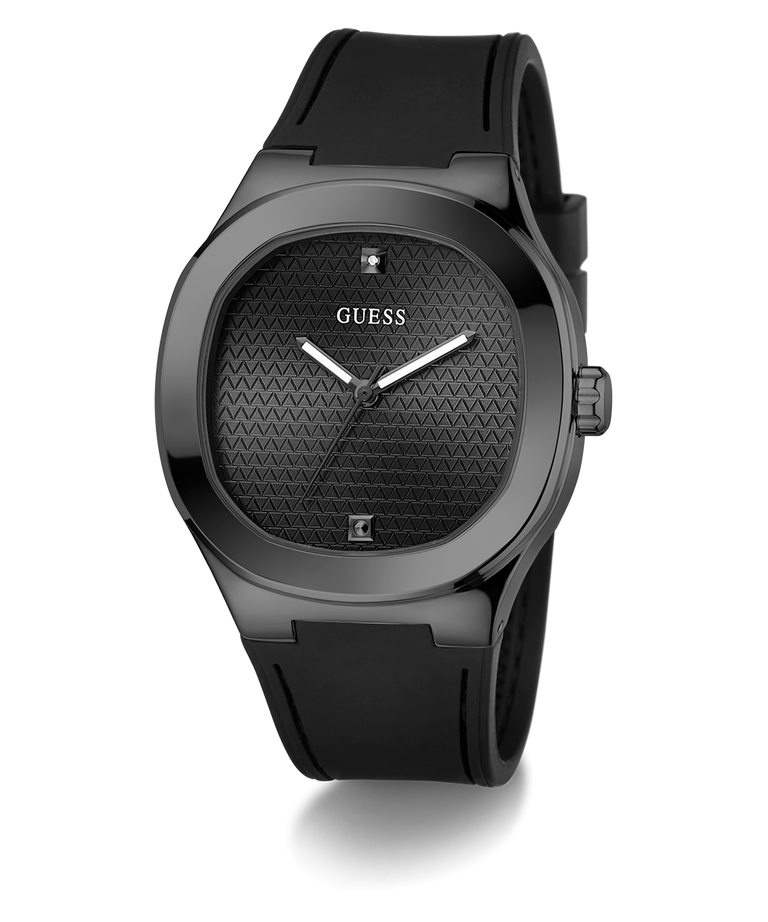 GUESS Mens BLACK Analog Watch with a textured face on a white background