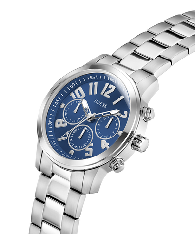 Silver watch with a blue dial on a white background lifestyle