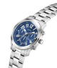 Silver watch with a blue dial on a white background lifestyle