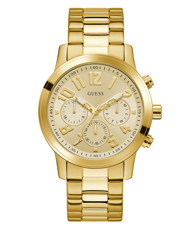 GUESS Mens Gold Tone Analog Watch with a detailed face on a white background