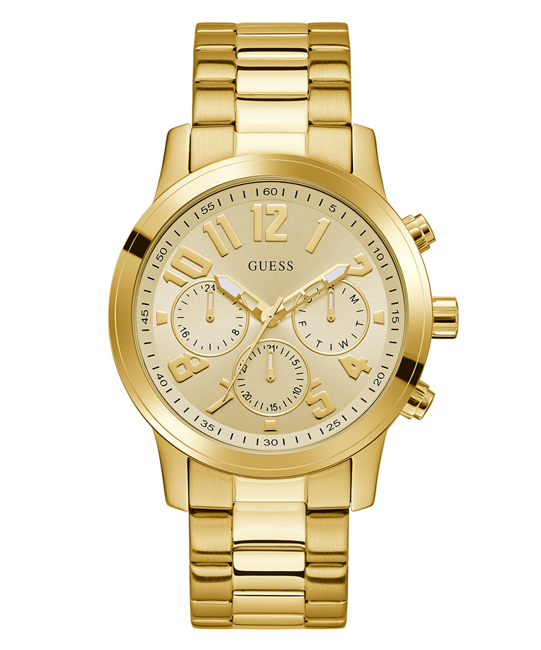 GUESS Mens Gold Tone Analog Watch with a detailed face on a white background