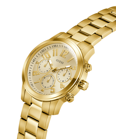 Gold watch with a detailed face on a white background lifestyle