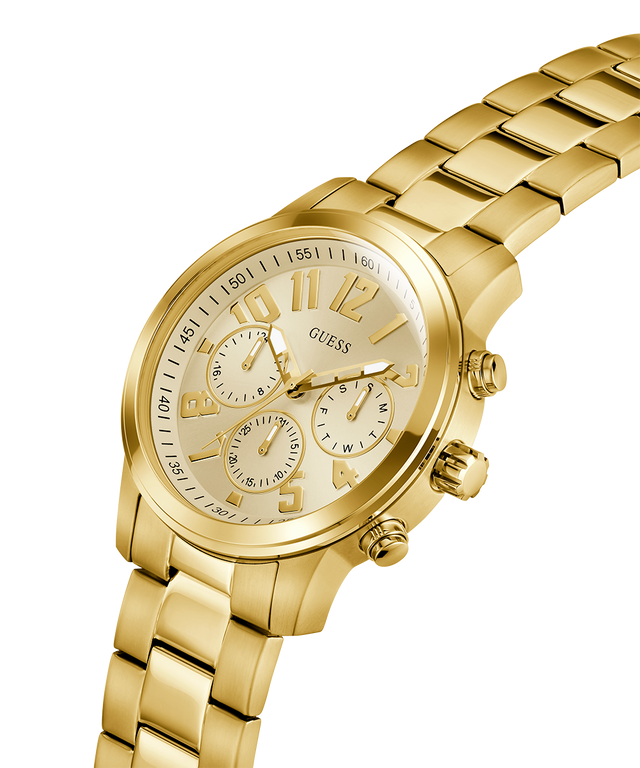Gold watch with a detailed face on a white background lifestyle