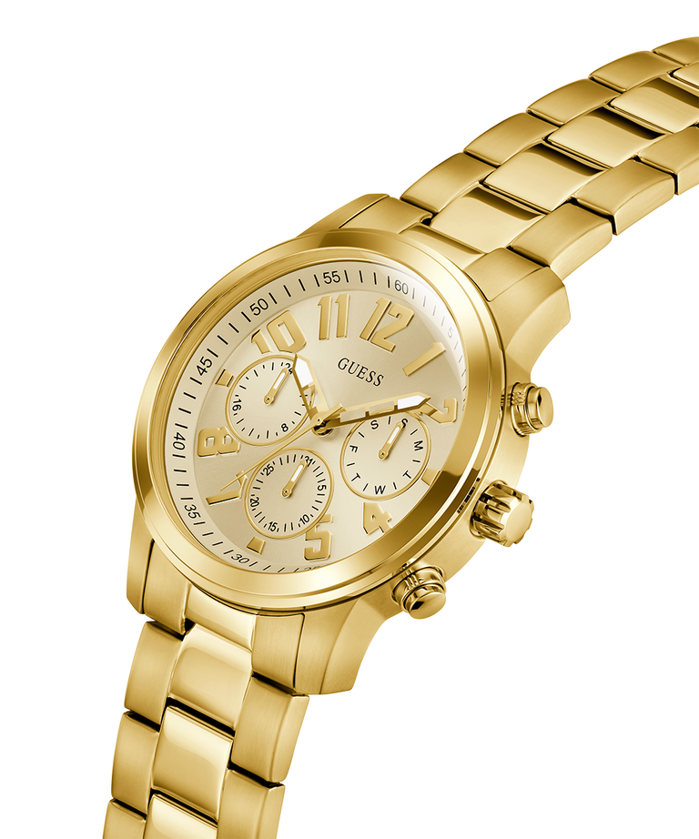 Gold watch with a detailed face on a white background lifestyle