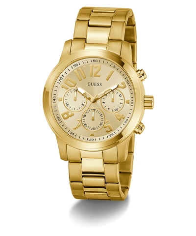 GUESS Mens Gold Tone Analog Watch with a detailed face on a white background