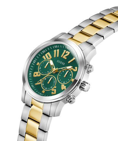 Two-tone silver and gold watch with a green dial on a white background lifestyle