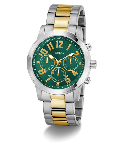 Two-tone silver and gold watch with a green face on a white background GW1006G4