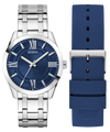 GUESS Mens SILVER TONE Analog Watch with blue face and silver case, paired with a blue strap on a white background