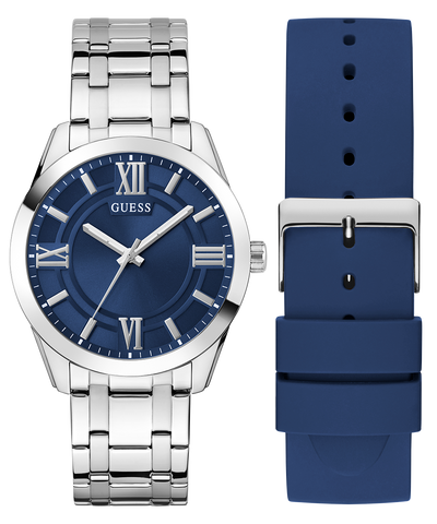 GUESS Mens SILVER TONE Analog Watch with blue face and silver case, paired with a blue strap on a white background