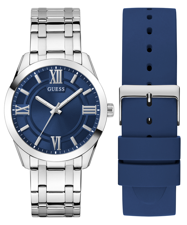 GUESS Mens SILVER TONE Analog Watch with blue face and silver case, paired with a blue strap on a white background