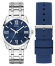 GUESS Mens SILVER TONE Analog Watch with blue face and silver case, paired with a blue strap on a white background