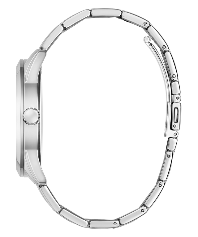 Close-up of a silver watch band on a white background