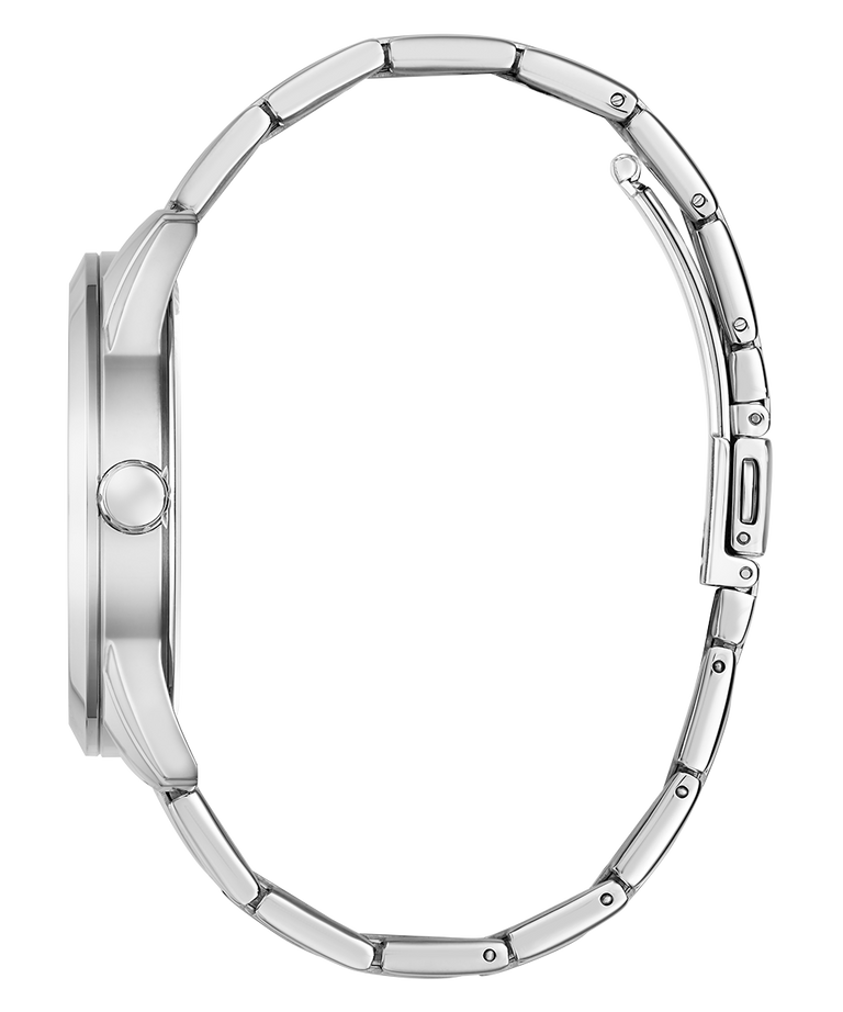 Close-up of a silver watch band on a white background