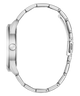 Close-up of a silver watch band on a white background