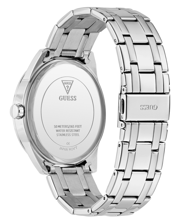 GUESS Mens SILVER TONE Analog Watch with metal band on a white background