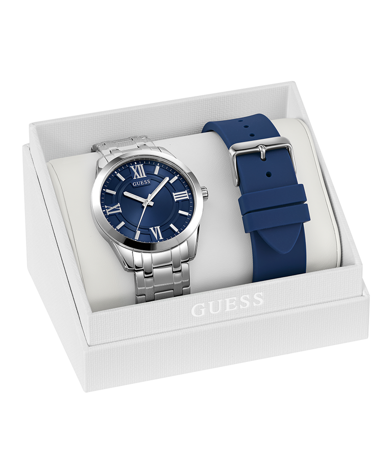 GUESS Mens Silver Tone Analog Watch Gift Set
