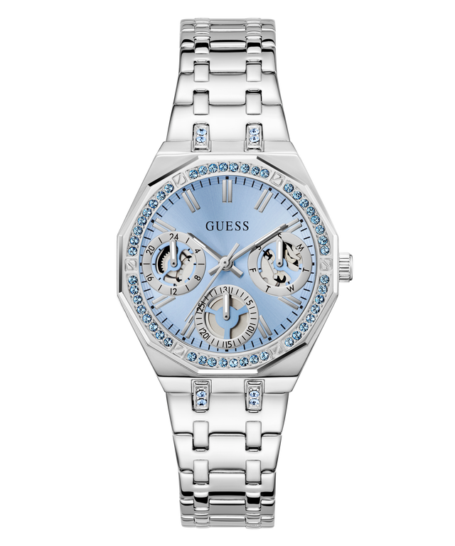 Silver GUESS Ladies Silver Tone Multi-function Watch with blue face and gemstones on a white background