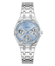 Silver GUESS Ladies Silver Tone Multi-function Watch with blue face and gemstones on a white background