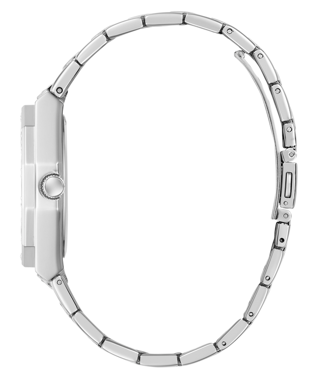 Silver watch strap on a white background