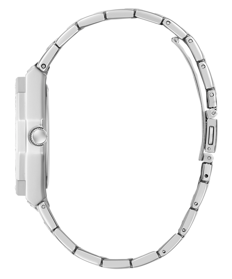 Silver watch strap on a white background