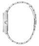 Silver watch strap on a white background