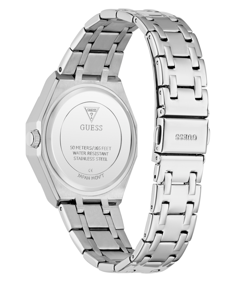 Silver Guess GUESS Ladies Silver Tone Multi-function Watch with metal band on a white background