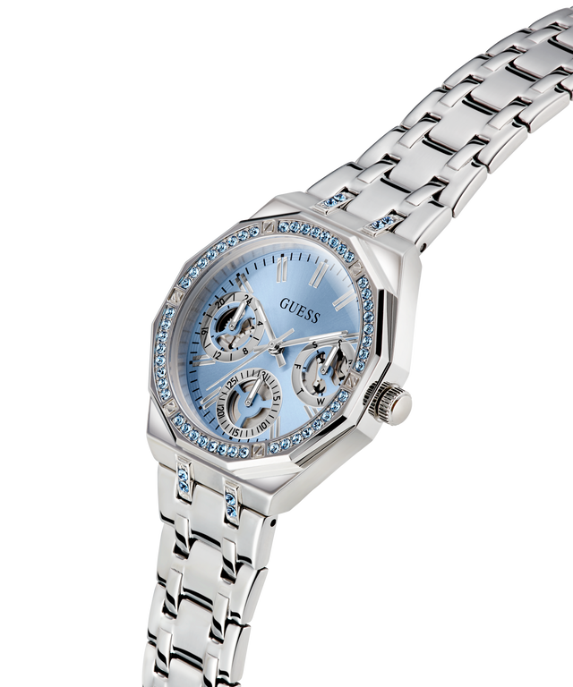 Silver watch with a blue face on a white background lifestyle