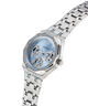 Silver watch with a blue face on a white background lifestyle