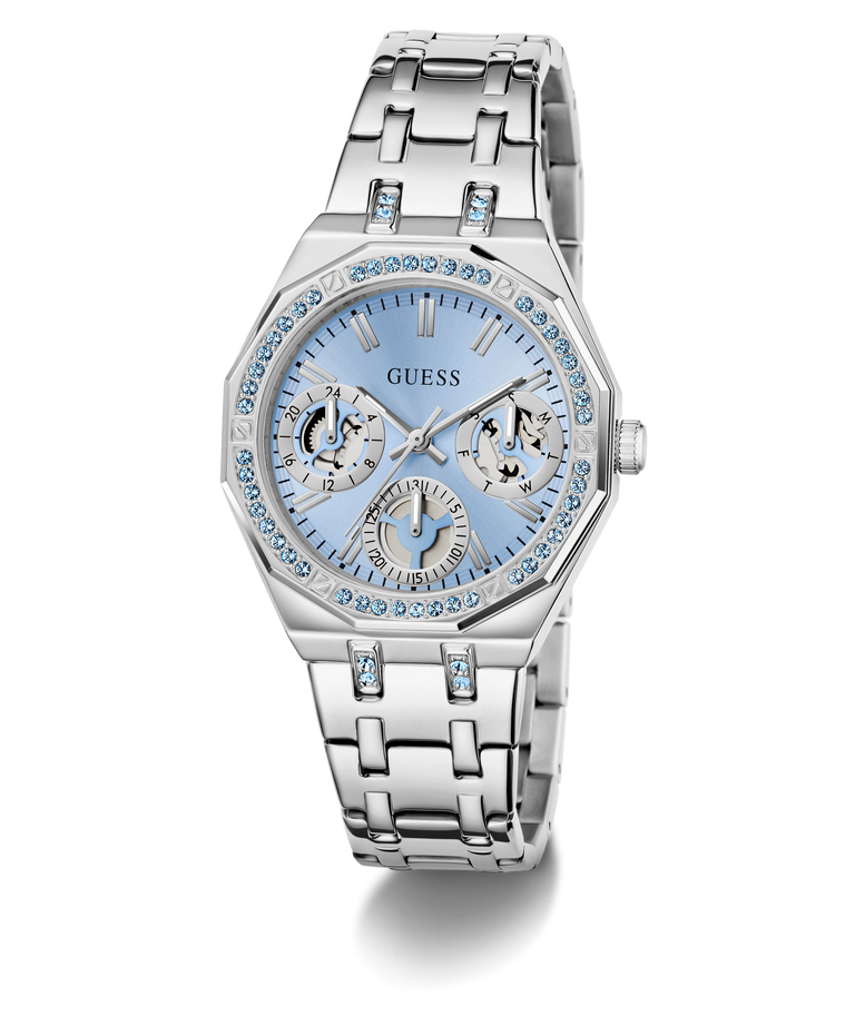 Silver GUESS Ladies Silver Tone Multi-function Watch with a blue face on a white background