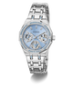 Silver GUESS Ladies Silver Tone Multi-function Watch with a blue face on a white background