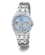 Silver GUESS Ladies Silver Tone Multi-function Watch with a blue face on a white background