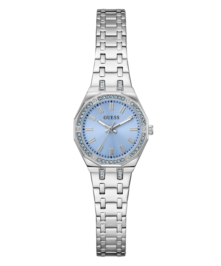 Silver GUESS Ladies Silver Tone Analog Watch with a blue face on a white background