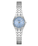 Silver GUESS Ladies Silver Tone Analog Watch with a blue face on a white background