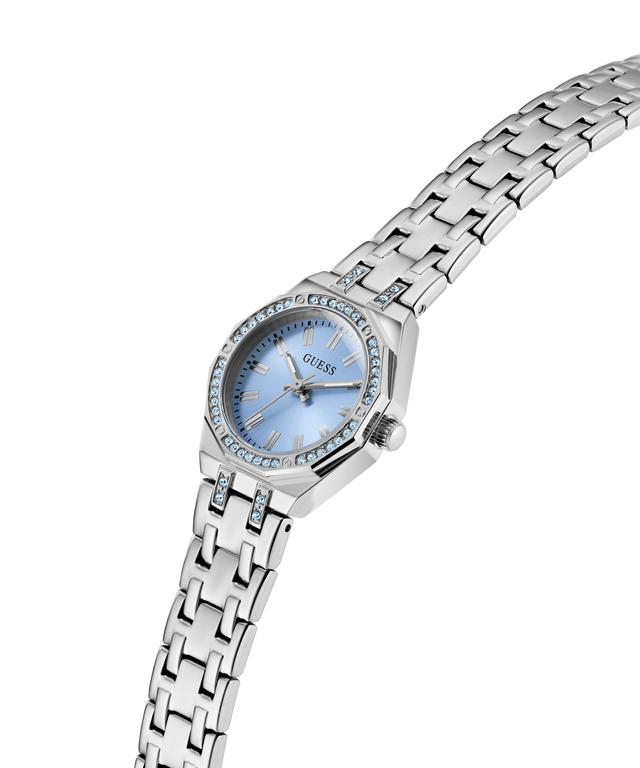 GUESS Ladies Silver Tone Analog watch with a blue face on a white background lifestyle