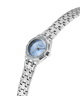 GUESS Ladies Silver Tone Analog watch with a blue face on a white background lifestyle