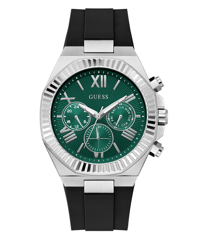 GUESS Mens Equity Black Silver Tone Analog Watch with green dial and black strap on a white background