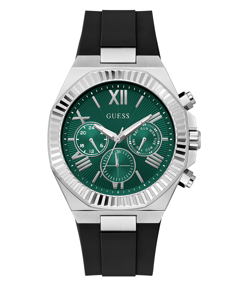 GUESS Mens Equity Black Silver Tone Analog Watch with green dial and black strap on a white background