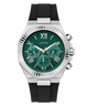 GUESS Mens Equity Black Silver Tone Analog Watch with green dial and black strap on a white background