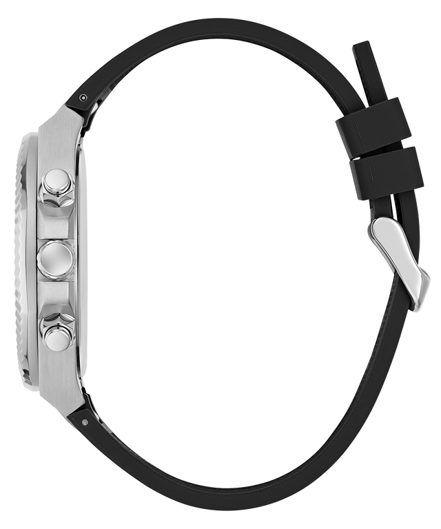 Close-up of a GUESS Mens Equity Black Silver Tone Analog Watch with a black strap and silver case on a white background