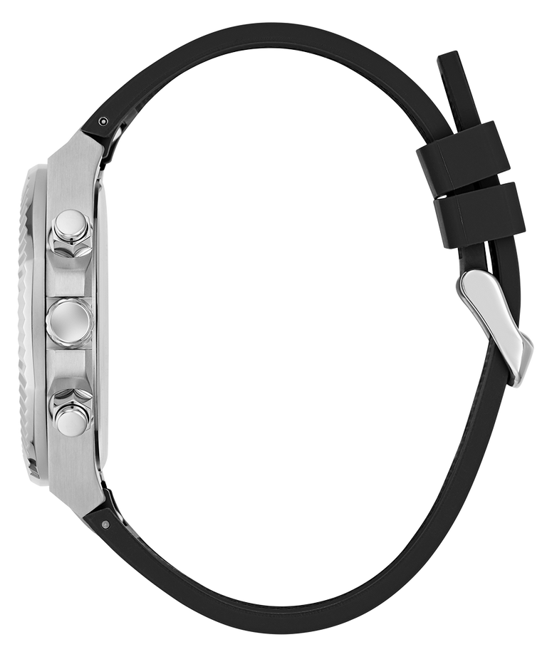 Close-up of a GUESS Mens Equity Black Silver Tone Analog Watch with a black strap and silver case on a white background
