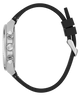Close-up of a GUESS Mens Equity Black Silver Tone Analog Watch with a black strap and silver case on a white background
