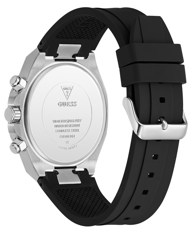 Black GUESS Mens Equity Black Silver Tone Analog Watch with silver case on a white background