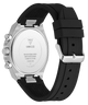 Black GUESS Mens Equity Black Silver Tone Analog Watch with silver case on a white background