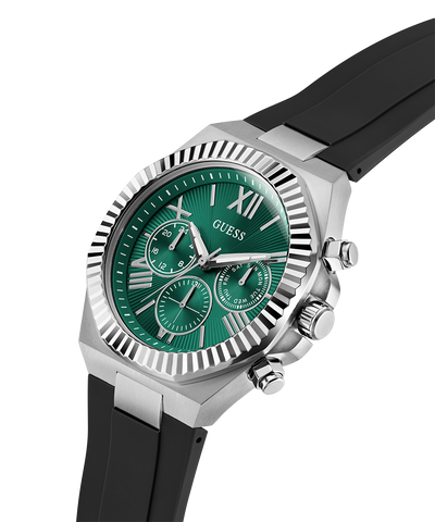 Green GUESS Mens Equity Black Silver Tone Analog Watch with black strap and silver case on white background lifestyle