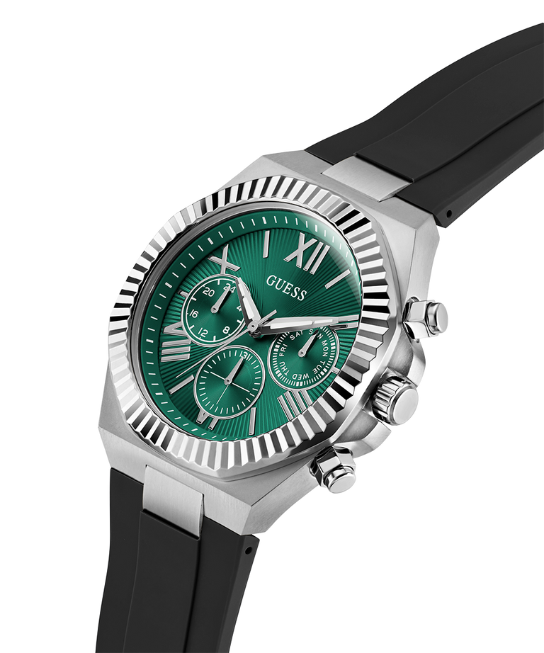 Green GUESS Mens Equity Black Silver Tone Analog Watch with black strap and silver case on white background lifestyle