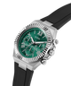 Green GUESS Mens Equity Black Silver Tone Analog Watch with black strap and silver case on white background lifestyle
