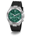 Guess GUESS Mens Equity Black Silver Tone Analog Watch with green face and black strap on white background