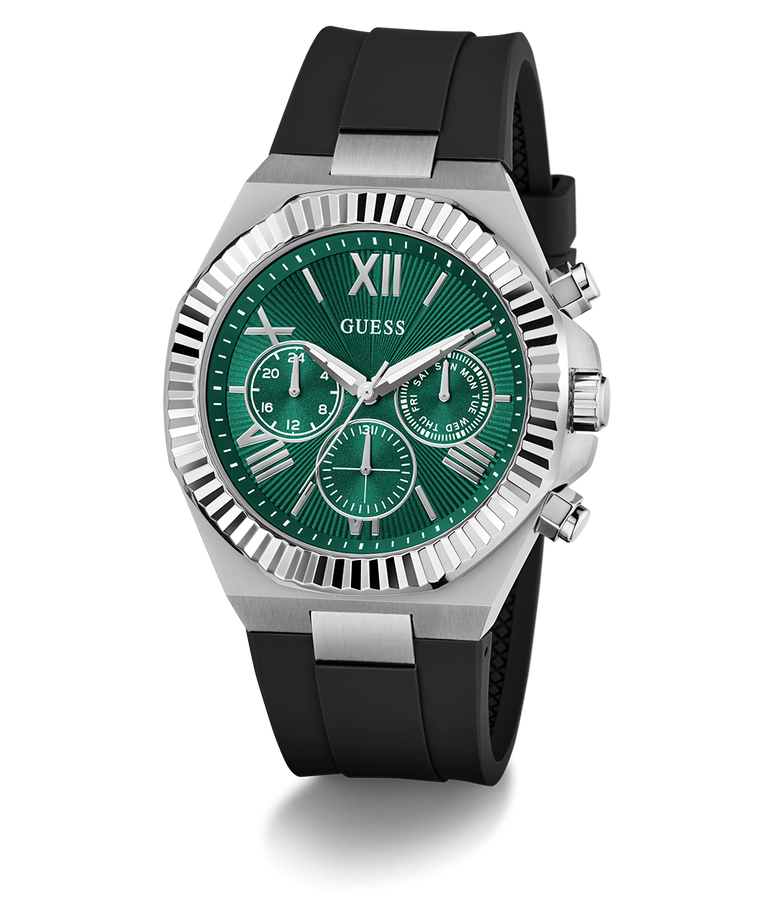 Guess GUESS Mens Equity Black Silver Tone Analog Watch with green face and black strap on white background