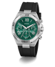 Guess GUESS Mens Equity Black Silver Tone Analog Watch with green face and black strap on white background
